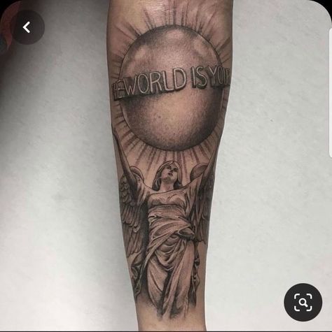 The World Is Yours Leg Tattoo, The World Is Yours Tattoo Men, Main Character Tattoo, The World Is Yours Tattoo Forearm, Uk Tattoo Ideas, Paid In Full Tattoo, Man Leg Tattoo, The World Is Yours Tattoo Design, Back Of Forearm Tattoo Men