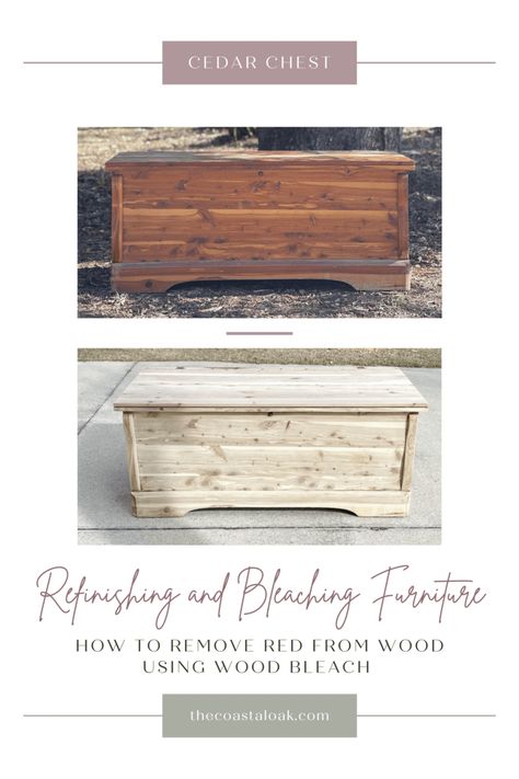 How to refinish and bleach a cedar hope chest using wood bleach to remove red from wood. Two-part wood bleach method used to lift red and color from wood like mahogany, cedar, red oak, and more. How to whitewash furniture. #refinishingfurniture #refinishedfurniture #bleachingfurniture #woodbleach #cedarhopechest #bleachingcedar #bleachingredoak #naturalwood #furnitureprojects #refinishingcedar Bleached Cedar Chest, Bleached Cedar Wood, Stained Cedar Wood, Red Cedar Chest, Bleach Mahogany Wood, Cedar Chest Redo Before After, How To Get The Red Out Of Wood, Bleached Mahogany Furniture, Refinish Cedar Chest