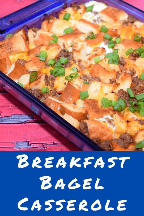 Easily make breakfast for the whole family in just one dish with this Bagel Breakfast Casserole with Sausage. You can even make it the night before! #breakfastrecipes #casseroles #casserolerecipes #breakfastcasseroles #bagelrecipes Bagel Casserole, Bagel Breakfast Casserole, Breakfast Casserole With Sausage, Casserole With Sausage, Bagel Breakfast, Breakfast For A Crowd, Breakfast Bagel, Make Breakfast, Ground Sausage