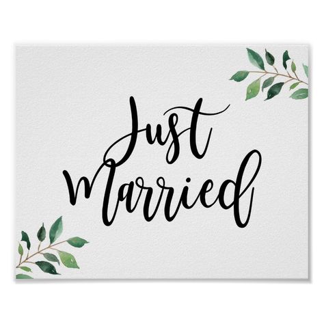 JUST MARRIED sign featuring a beautiful greenery calligraphy design for your wedding. Just Married Sign Ideas, Calligraphy Sign, Just Married Sign, Doodle Font, Just Married Car, Calligraphy Signs, Calligraphy Cards, Wedding Congratulations, Wedding Name