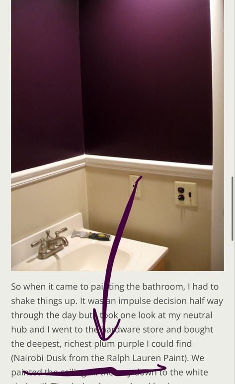 Plum Guest Bedroom, Deep Purple Accent Wall Bedroom, Purple Walls Bathroom, Deep Purple Bathroom Ideas, Dark Plum Bathroom, Soft Purple Bathroom, Plum Bathroom Walls, Plum Bathroom Decor, Painted Ceiling Ideas Bathroom