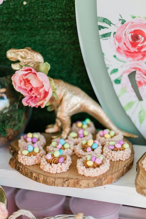 Kara's Party Ideas Pink & Gold Jurassic World Dinosaur Party | Kara's Party Ideas Pink And Green Dinosaur Party, Girl Dinosaur Birthday Party Food, Dino Tea Party, Girl Three Rex Birthday Party, Girl Dinosaur Birthday Party Decorations, Girl Dinosaur Baby Shower Ideas, Girl Dinosaur Party Ideas, Three Rex Birthday Party Girl, Gold Dinosaur Party