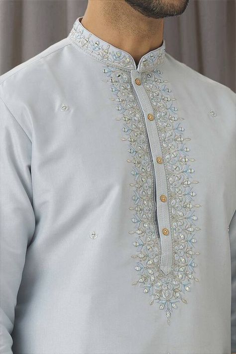 Sky blue kurta with thread embroidered floral motifs embellished by mirrorwork. Comes with pant. - Aza Fashions Stylish Men Wear, Men Kurta, Blue Kurta, Kurta Men, Mens Kurta Designs, Simple Kurta Designs, Embroidery Neck Designs, Vibe Clothes, Kurta With Pants