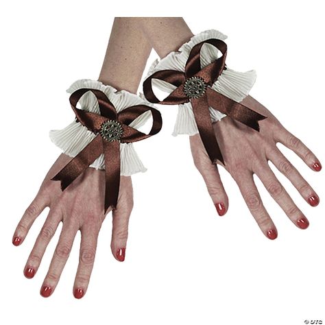 Perfect accessory to compliment your Victorian or Industrial style costume! One pair of white wristlets with brown ribbon and a gear. One size fits most adult. Steampunk Gloves, Winter Witch, Steampunk Items, Punk Women, Costume Gloves, Brown Ribbon, Witch Design, Gloves Fashion, Fabric Bracelets