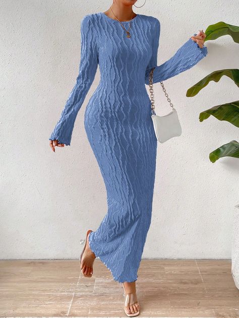 Women's Long Sleeve Bodycon Dress Blue Elegant  Long Sleeve Knitted Fabric Plain Bodycon Slight Stretch  Women Clothing, size features are:Bust: ,Length: ,Sleeve Length: Bodycon Dress Outfit Casual, Summer Prints Fashion, Body Con Dress Outfit, Prints Fashion, Bleu Azur, Vogue Dress, Free Dresses, Autumn Clothes, Summer Prints