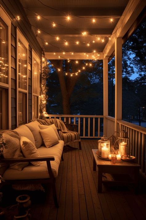 45 Front Porch Ideas That Will Bring You Together Who doesn't like a cute and cozy front porch? Front porches hold a special charm that beckons for leisurely evenings and intimate conversations, yet creating a cozy and welcoming outdoor space can sometimes feel like Decorate Large Front Porch, Relaxing Front Porch Ideas, Relaxing Deck Ideas, Front Porch Living Space, Front Porch Aesthetic Night, Front Porch Ideas On A Budget, Backyard Twinkle Lights, Big Porch Decorating Ideas, Added Front Porch