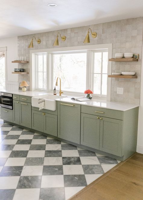 Timeless Modern Kitchen, Provance Kitchens, Kitchen Flooring Tile, Checkered Floor Kitchen, Cottage Kitchen Tiles, College Posters, Provence Kitchen, Countryside Kitchen, Sage Green Kitchen