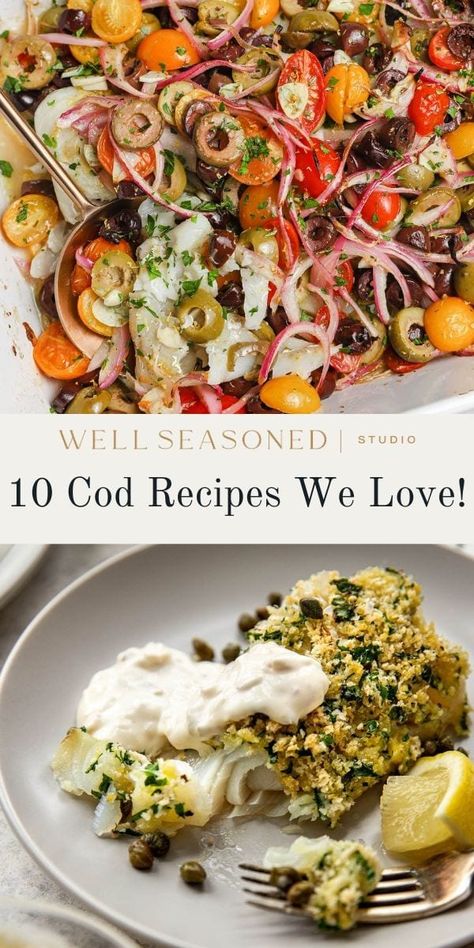 These are my Top 10 Cod Recipes to inspire your next seafood dinner at home! If you're not familiar with cod fish, it's a tender and flaky, mild white fish that can be prepared in a variety of ways, from pan-searing and grilling to baking or frying. These are my favorite easy cod recipes that have minimal prep work, but deliver big flavor. Enjoy as part of a balanced meal with your favorite side dishes or a big salad. #wellseasonedstudio #cod #fish #codrecipes Marinade For Cod Fish, Cod With Pesto Recipes, Cod Fish Appetizers, Summer Cod Recipes, Cod Fish Casserole Recipes, Link Cod Recipes, Whiting Fish Dinner Ideas, Cod And Couscous Recipes, Leftover Cod Recipes