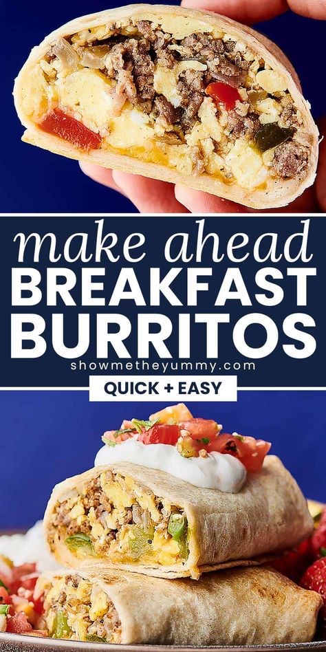 These easy make ahead breakfast burritos are quick, easy, and freezer friendly! A flour tortilla stuffed with sausage, eggs, cheese, and veggies! A perfect on-the-go breakfast. Bacon Egg And Cheese Breakfast Burrito, Breakfast Wraps Make Ahead, Vegetable Breakfast Burritos, Breakfast Burrito Recipe Sausage, Sausage Breakfast Burritos, Freezable Breakfast Burritos, Best Breakfast Burritos, Easy Make Ahead Breakfast, Make Ahead Breakfast Burritos