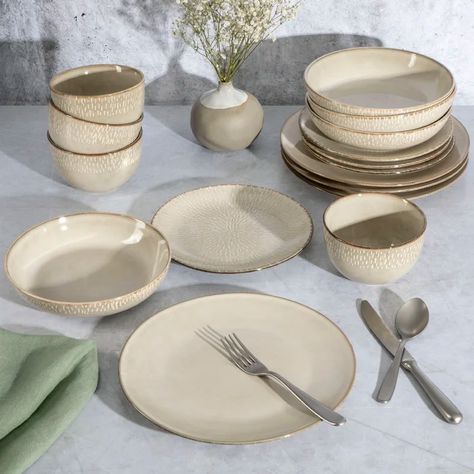 Gibson Elite Matisse 16-Piece Double Bowl Set & Reviews | Wayfair Aesthetic Plate Set, Minimalist Dinnerware Set, Place Settings Everyday, Kitchen Plates Set, Apartment 2023, Breeze Color, Bowl Meals, Meals For Four, Plates And Bowls Set