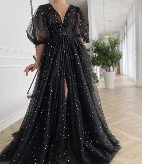 ecd62de20ea67e1c2d933d311b08178adesc50213320ri Black Tulle Prom Dress, Prom Dresses Sparkly, Graduation Party Dresses, Formal Ball Gown, V Neck Prom Dresses, Plus Size Prom, Long Sleeve Gown, A Line Prom Dresses, Black Tulle