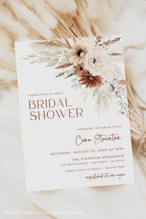 This beautiful printable bridal shower invitation features a stunning boho pampas grass design. The text is fully editable, so you can customize it to suit your needs! It's perfect for a bohemian bridal shower. Earth Tones Bridal Shower Decor, Boho Wedding Shower Decorations, Bridal Shower Themes Boho, Boho Bridal Shower Ideas, Grass Printable, Terracotta Diy, Wedding Shower Invites, Boho Bridal Shower Decorations, Western Bridal Showers