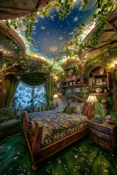 Escape to Enchantment: Tour a Whimsical, Nature-Themed Bedroom Oasis Bedroom Decor Whimsical, Magical Forest Bedroom Ideas, Elvish Room Aesthetic, Fairy Cottage House Dream Homes, Forest Ceiling Bedroom, Fantasy Inspired Home, Fairy Tale House Interior, Enchanted Reading Nook, Green Fairy Room Aesthetic