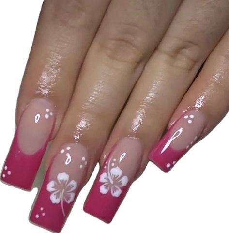 pink french tip hibiscus flower nails Pink French Tip Nails Y2k, How To Do Hibiscus Flower Nails, Hawaiian Flower Nails Hibiscus, Hibiscus Flower Nails, Hawaiian Flower Nails, Pink French Tip, White French Tip, Summery Nails, Pink French