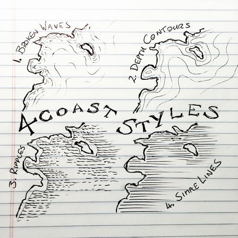 There are lots of ways to indicate water on a map with lines – and many more with tone or colour. Here are four I regularly use. 1. Broken Waves After you have your coastline, use short, gently curving lines along the shore. The lines should follow the shapes of the coast, but smooth out … Map Sketch, Fantasy Map Making, Fantasy World Map, Fantasy Maps, Drawn Map, Coast Style, Dungeon Maps, Fantasy Map, Map Design