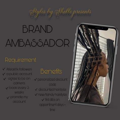 I’m looking for 3-4 brand ambassadors to help promote my business and page. If you are interested feel free to dm me or text me at (707) 301-3556. Please be sure you meet all the requirements before coming to me about inquiries. #trending #viral #brandambassador #fairfield #fairfieldca #solanocounty #707 #braider #bayarea #bayareabraider #hairstylist #smallbusiness #womanownedbusiness #hairsalon Meet The Hairstylist, Hair Stylist Name Ideas, Stylist Name Ideas, New Trendy Hairstyles, Hair Business, Business Hairstyles, Brand Ambassador, My Business, Text Me