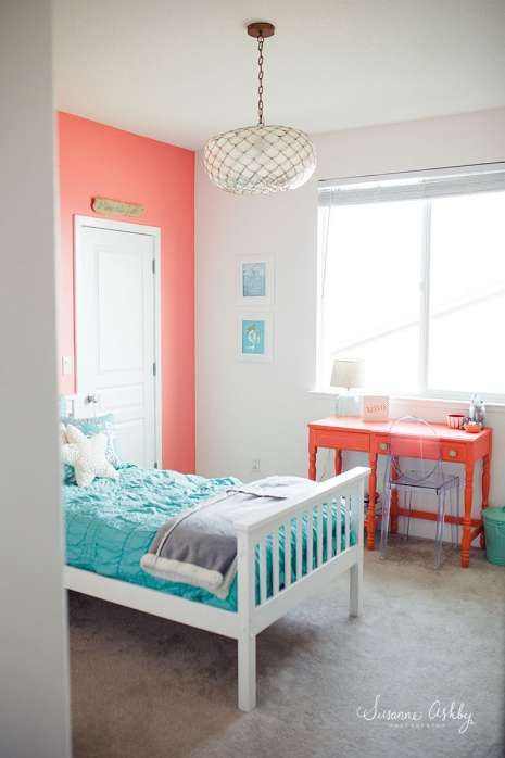 Coral Girls Bedroom, Coral And Blue Bedroom, Teal Coral Bedroom, Teal And Coral Bedroom, Coral And Teal Bedroom, Peach And Teal Bedroom, Coral Desk, Teal Kids Room, Girls Bedroom Coral