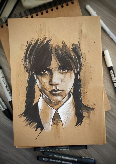 Wednesday Art Drawing, Jenna Ortega Drawing, Kraft Paper Drawing, Tim Burton Wednesday, Wednesday Painting, Drawing Wednesday, Wednesday Drawing, Kraft Paper Art, Wednesday Art