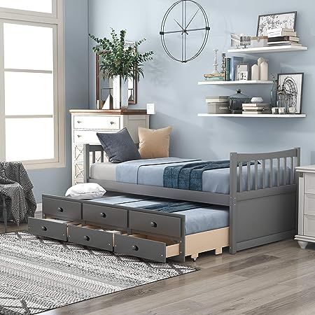 P PURLOVE Twin Size Daybed Wood Bedframe with Drawer Twin Size Trundle Bed Storage Bed Frame for Living Room,Guest Room, Bedroom,Gray Twin Captains Bed, Wood Twin Bed, Twin Daybed With Trundle, Daybed With Drawers, Captains Bed, Twin Daybed, Twin Trundle Bed, Twin Trundle, Wood Daybed