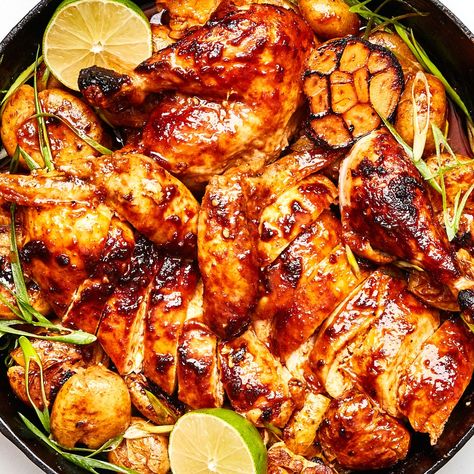 Gochujang Recipe Chicken, Gochujang Chicken, Roasted Garlic Cloves, Roasted Chicken And Potatoes, Slow Roast, Smashed Potatoes, Main Courses, Asian Cooking, Roast Chicken