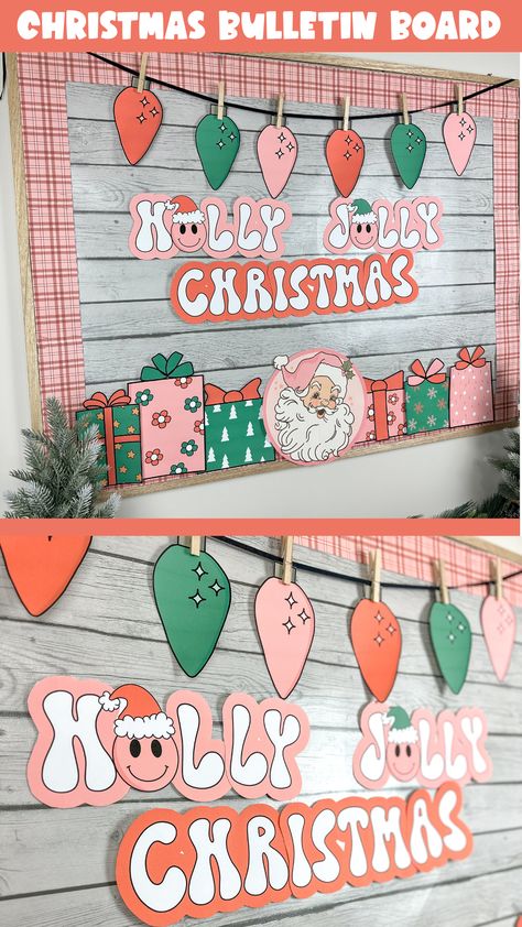 Decorate your classroom for Christmas with this boho, retro bulletin board kit! Create a beautiful Pinkmas bulletin board or classroom display with Christmas smiley faces for the holidays. These printable groovy, cute designs include ideas for a retro Santa, presents, phrases, bunting, borders and editable student names Holidays Bulletin Board Ideas, Retro Christmas Classroom, Boho Christmas Classroom, December Bulletin Board Ideas For School, Classroom Christmas Decor Ideas, Christmas Soft Board Decoration, Christmas Classroom Decor Ideas, Retro Bulletin Board Ideas, Retro Bulletin Board