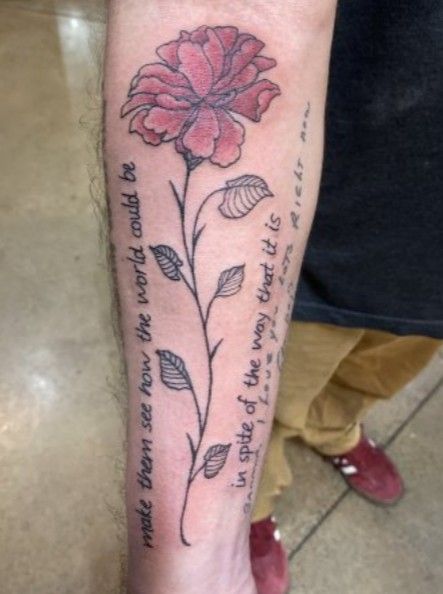 Hadestown tattoo Hadestown Flower Tattoo, Hadestown Tattoo Ideas, Hadestown Tattoo, Hadestown Flower, Broadway Tattoos, Theatre Tattoo, Carnation Tattoo, Irl References, Just A Thought