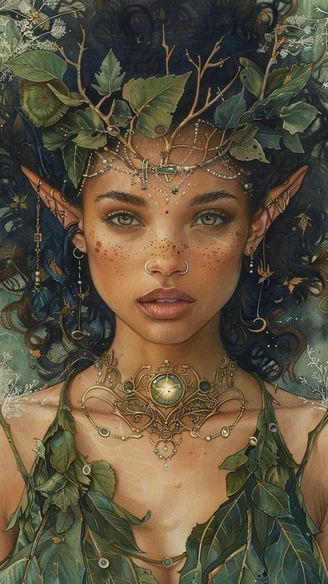 Mythical Creatures Aesthetic, Element Fairies, Fairy With Horns, Nymph Costume Ideas, Fairy Art Aesthetic, Mythical Forest Creatures, Faerie Drawing, Nature Character Design, Fae Woman