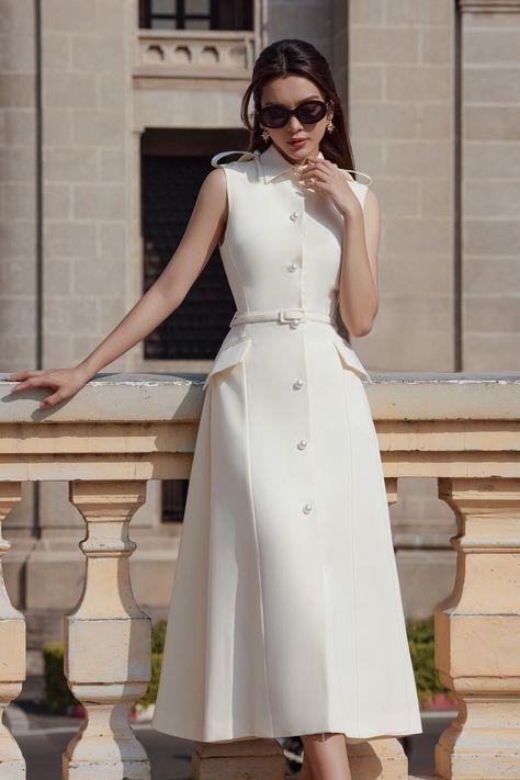 White Sleevless Dress, Formal Dresses Business, Elegant Women's Clothing, Cotton Strap Dress, A Line Dress Knee Length, How To Style Blazer Dress, Casual A Line Dress, Sleek Dress Classy, A-line Dress