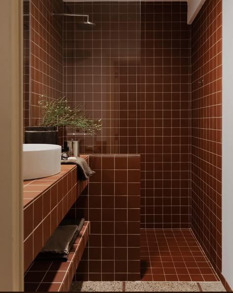 Earthy Terracotta Bathroom, Wet Room Bathroom With Toilet, Bathroom 60s Style, Tiled Ceiling Shower Ideas, Single Tile Bathroom Design, Soho House Bathroom Interior Design, Brown Moody Bathroom, Burnt Orange Tile Bathroom, Bathroom Tiles Brown