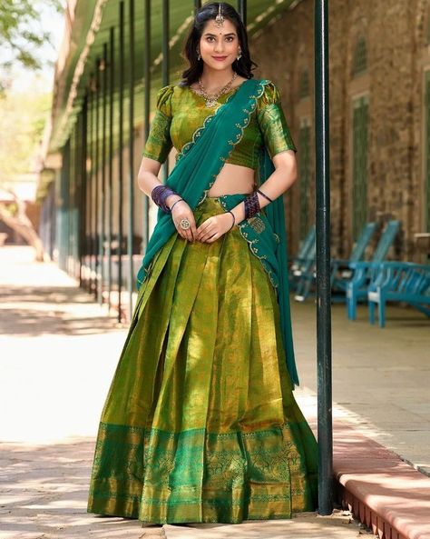 Kanjivaram Lehenga Choli, Kanjivaram Lehenga, Green Half Saree, Zip Stitching, Lehenga Stitched, Regal Elegance, Lehenga Fabric, Stitched Lehenga, Work Lehenga