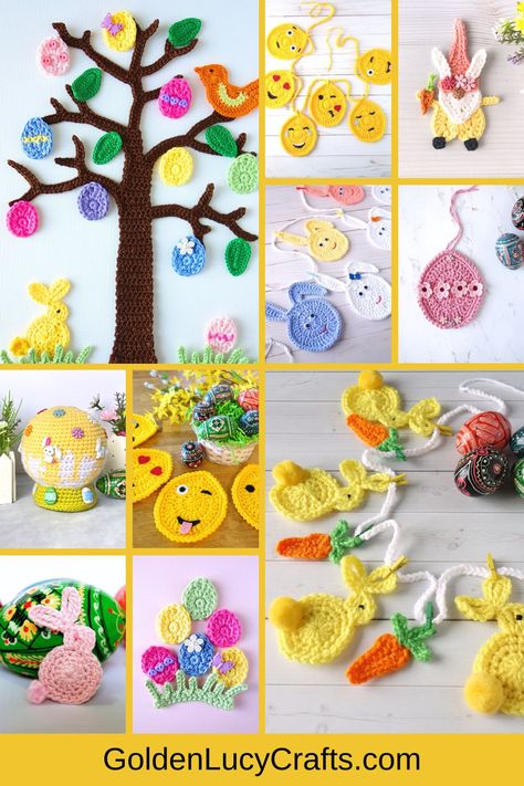 Photo collage of Easter crocheted items. Golden Lucy Crafts Crochet, Easter Unicorn, Tree Home Decor, Crafts Crochet, Cozy Crochet Patterns, Crochet Easter, Easter Crochet Patterns, Tree Home, Cozy Crochet