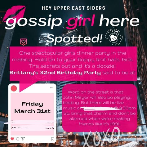 Gossip Girl Themed Birthday Party, Gossip Girl White Party, Gossip Girl Invitation, Gossip Girl Birthday Invitation, Coquette Birthday Party Invitations, Mean Girls Sweet 16 Party, Gossip Girl Party, Birthday Dinner Invitation, 32 Birthday