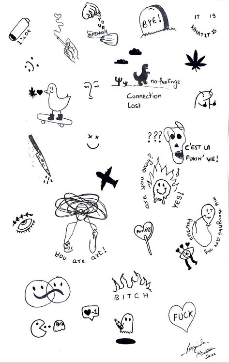 Small Punk Tattoos Simple, Easy Tattoos Alt, Punk Doodles Drawings, Simple Punk Tattoos, Simple Tattoo Lettering, Weeds Tattoo, Tattoos Doodles, Strange Doodles, Weeds Drawing Sketches