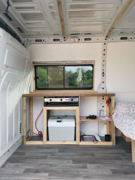 Van Conversion Simple, Small Van Kitchen, T4 Van Conversion, Van Kitchen Cabinets, Van Kitchen Ideas, Simple Van Conversion, Campervan Kitchen Ideas, Van Kitchens, Van Conversion Walls