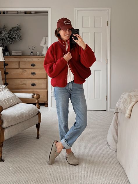 I was thinking: Give me all the red in my closet. Pile it on. Red Fleece Jacket Outfit, Red Long Cardigan Outfit, Red Cardigan Outfit 2024, Red Fleece Outfit, Cardigan And Sneakers Outfit, Red Jacket Aesthetic, Red Cardigan Outfit, Red Hat Outfit, Red Outfit Winter