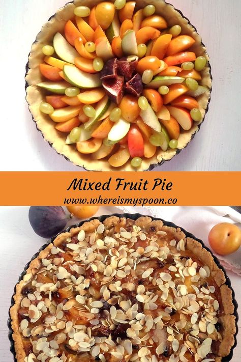 Delightful orchard pie with mixed fruit, perfect for the fall season. You can use any fruit you like. #whereismyspoon #orchardpie #fallpie #autumnpie #mixedfruitpie #fruitpie #easyfruitpie Best Fruit Pie, Mixed Fruit Pie Recipes, Mixed Fruit Pie, Mixed Fruit Pie Filling, Stone Fruit Pie, Fruit Of The Forest Pie, Easy Fruit Pie, Fruit Pie Recipe, Thanksgiving Pie Recipes