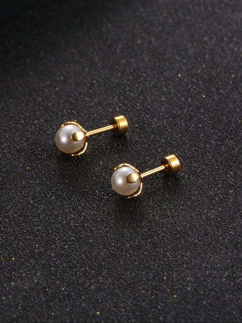 Gold  Collar  Stainless Steel   Embellished   Women Fashion Jewelry Pearl Studs Earrings Gold, Gold Studs Earrings Indian, Pearl Earrings Studs, Jewellery Styling, Bridal Things, Pearl Earrings Designs, Bridal Anklet, Minimalist Earrings Gold, Gold Earrings For Women