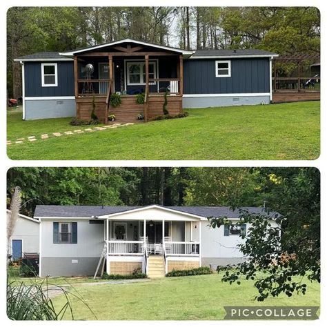 Mobile Home Remodel Farmhouse Style🐄🐽 | I wanted to share some photos of our home | Facebook Grey Manufactured Home Exterior, Pretty Trailer Homes, Farmhouse Trailer Mobile Homes, Farmhouse Mobile Home Exterior, Trailer Home Decorating Single Wide, Mobile Home Plans, Mobile Home Exterior Remodel, Single Wide Mobile Home Decorating, Old Mobile Home Makeover