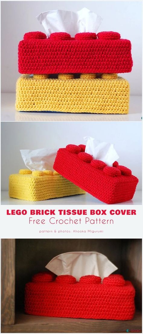 Crochet Lego Blocks Free Patterns Crochet Lego Tissue Box Cover, Cute Crochet Tissue Box Cover, Funny Tissue Box Cover, Crochet Around The House, Tissue Box Crochet Pattern Free, Tissue Box Diy Ideas, Crochet Gift Box Free Pattern, Crochet Rubix Cube, Crochet Remote Cover