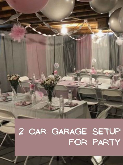 43 Garage Party Ideas with Easy Setup - Fun Party Pop Party In A Garage Ideas, Decorating A Garage For A Wedding, Garage Makeover For Party, Indoor Party Setup Ideas, Party Decoration Business Ideas, Garage To Party Space, Party Table Setup For Small Space, Sweet 16 Garage Party Ideas, Garage Reception Ideas