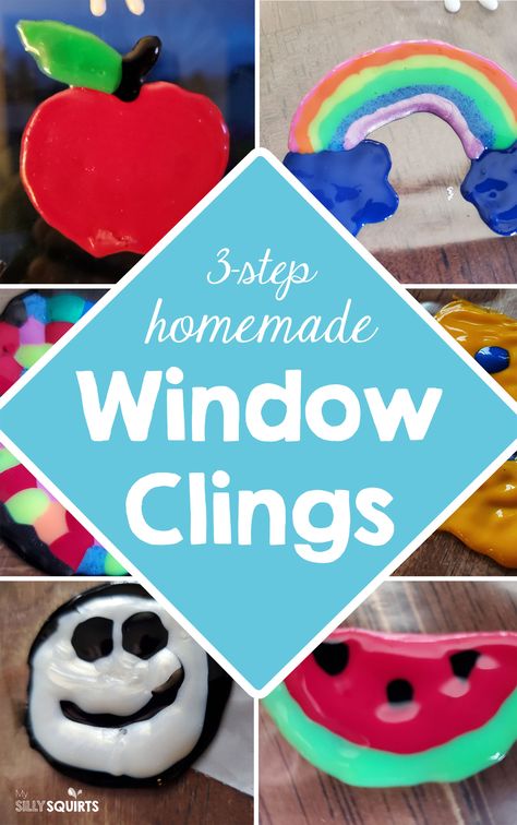 DIY window clings for kids in simple three steps - My Silly Squirts Easy Craft Projects For Kids, Diy Window Stickers, Diy Window Clings Cricut, Diy Window Gel Clings, How To Make Window Clings, How To Make Window Clings Stick, Window Cling Crafts, Glue Window Clings, Window Clings Diy