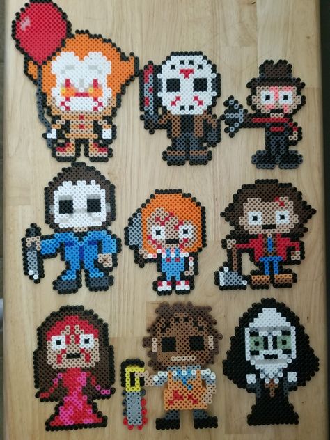 Horror/Halloween collection #1. Pennywise Jason Freddy Michael Myers Chucky Carrie leatherface. C137DESIGNS etsy store. Ghost Activities, Perler Magnets, Perler Halloween, Halloween Perler, Jason Friday The 13th, Bead Templates, Melt Beads Patterns, Jason Friday, Easy Perler Bead Patterns