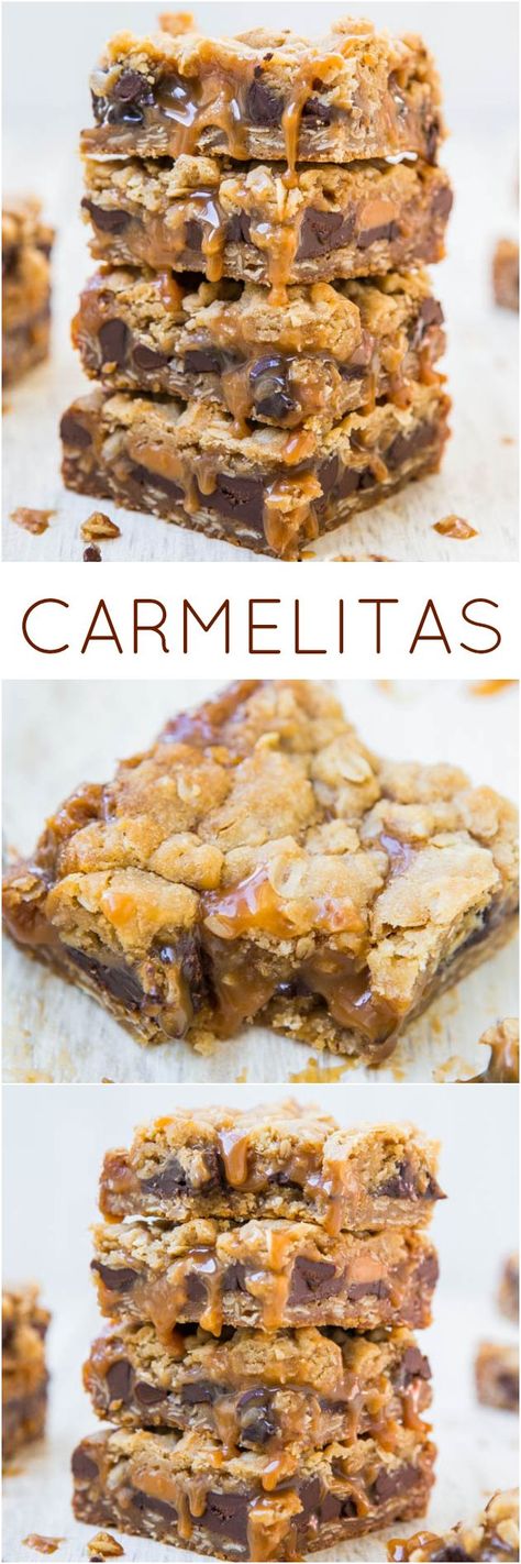 Carmelitas - Easy one-bowl, no-mixer recipe. With a name like that, they have to be good!! Dessert Chocolate, Dinner Healthy, Good Eat, Think Food, Granola Bars, Cannoli, Yummy Sweets, How Sweet Eats, Recipes Dinner