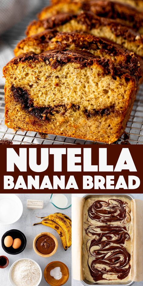 Nutella Banana Bread - soft homemade banana bread swirled with chocolatey Nutella. Nutella Banana Bread, Homemade Banana Bread, Bread Soft, Banana Nutella, Easy Homemade Recipes, Fun Easy Recipes, Quick Bread Recipes, Bread Recipes Sweet, Easy Bread Recipes