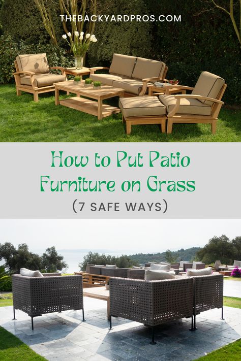 Transform your outdoor space with confidence! Discover 7 safe and practical ways to arrange your patio furniture on grass. From clever tips to prevent sinking to creative ideas for stability, this guide has you covered. Get ready to relax and entertain in style on your lush green carpet! Outdoor Grass Area, Grassy Backyard Outdoor Spaces, Chairs On Grass Backyard, Backyard Furniture On Grass Outdoor Living, Outdoor Rug For Backyard, Deck On Grass Ideas, Patio Furniture On Turf, No Patio Solutions, Garden Furniture On Grass Ideas