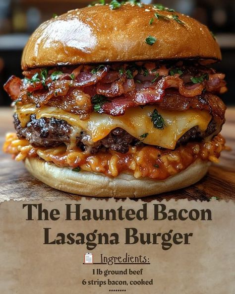 **The Haunted Bacon Lasagna Burger** 🥓🍔🧀👻 Picture this: a dark and stormy night, the wind howling outside as you prepare to sink your teeth into something *truly unforgettable*... Meet the **Haunted Bacon Lasagna Burger**, where each bite is a thrilling combination of crispy bacon, rich lasagna noodles, and juicy beef, wrapped in the comforting warmth of cheese and marinara. It's not just a meal, it's a *journey*—one that will have your taste buds haunted by its deliciousness long after th... Lasagna Burger, Bacon Lasagna, Loaded Burger, Dark And Stormy Night, Dark And Stormy, Lasagna Noodles, Bacon Burger, Cheese Burger, Stormy Night