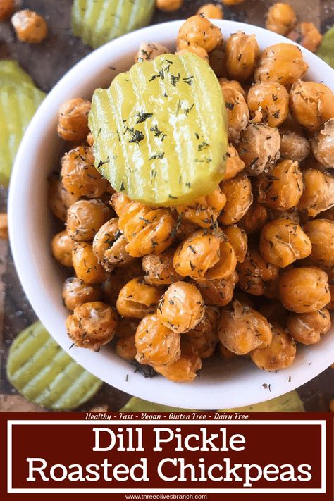 A simple and easy recipe, Dill Pickle Roasted Chickpeas are a healthy appetizer or snack and perfect for game day or entertaining. Vegan, gluten free, and dairy free. Garbanzo beans are roasted with dill and pickle brine. #roastedchickpeas #veganrecipes #gamedayrecipes #healthyappetizers Gameday Snacks, Volume Eating, Pickle Brine, Chickpea Recipes Roasted, Xmas Baking, Healthy Appetizer, Veggie Meals, Latest Obsession, Interesting Recipes