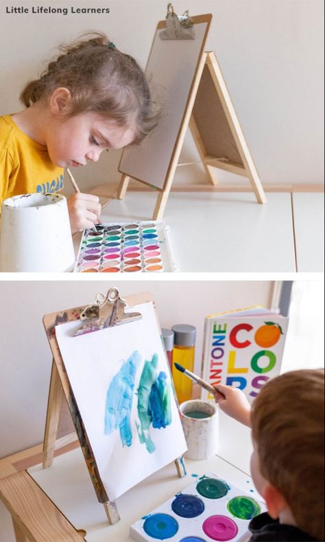 Our DIY Tabletop Art Easels - Little Lifelong Learners Montessori, Tabletop Easel Diy, Diy Art Easel For Kids, Easel Painting Ideas Preschool, Art Easel Diy, Diy Paint Easel, Diy Easel Tabletop, Easels Diy, Diy Art Table