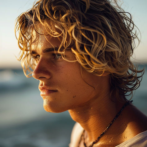 Your natural curls with this surfer hairstyle. Easy-going and perfect for guys who love the beach life. Hot Surfer Dudes, Surfer Curls, Surfer Hairstyle, Surfer Cut, Surfer Hairstyles, Boys Hairstyle, Dream Bf, Surf Boy, Hot Surfers