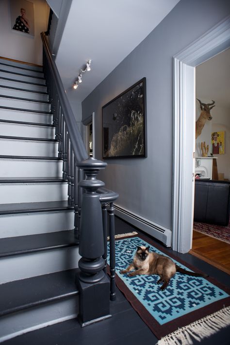 Gray Banister, Banister Remodel, Best Gray Paint, Best Gray Paint Color, Grey Hallway, Painted Staircases, Hallway Colours, Victorian Townhouse, Crochet Star